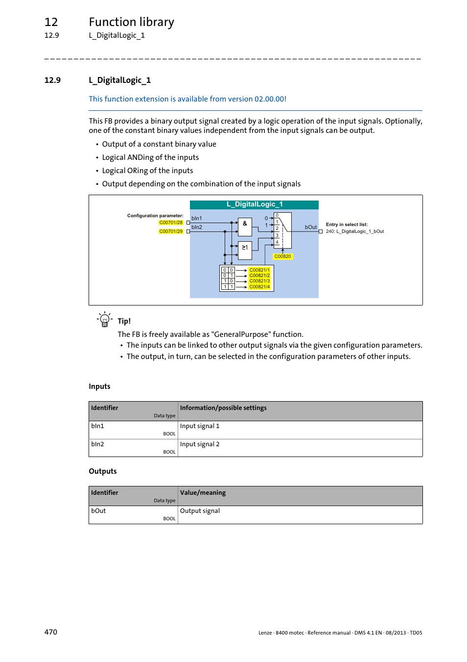 9 l_digitallogic_1, L_digitallogic_1, Fb: selection of the | 12 function library | Lenze 8400 motec User Manual | Page 470 / 518