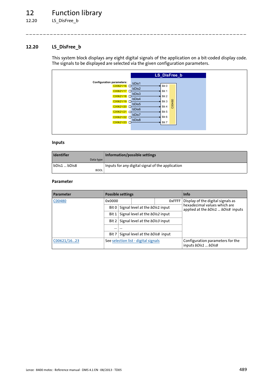 20 ls_disfree_b, Ls_disfree_b, 12 function library | Lenze 8400 motec User Manual | Page 489 / 518