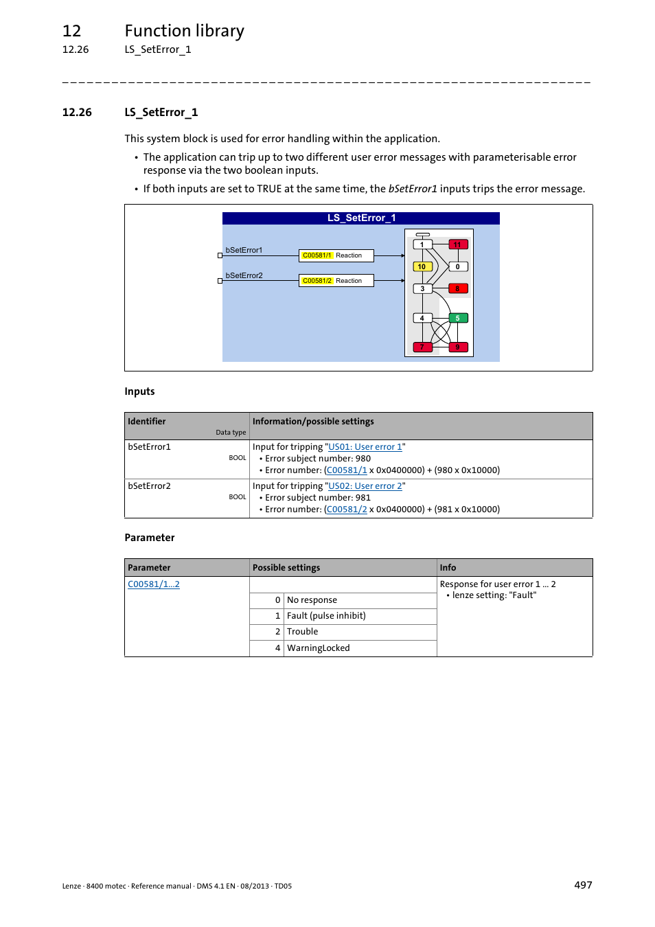 26 ls_seterror_1, Ls_seterror_1, System | 12 function library | Lenze 8400 motec User Manual | Page 497 / 518