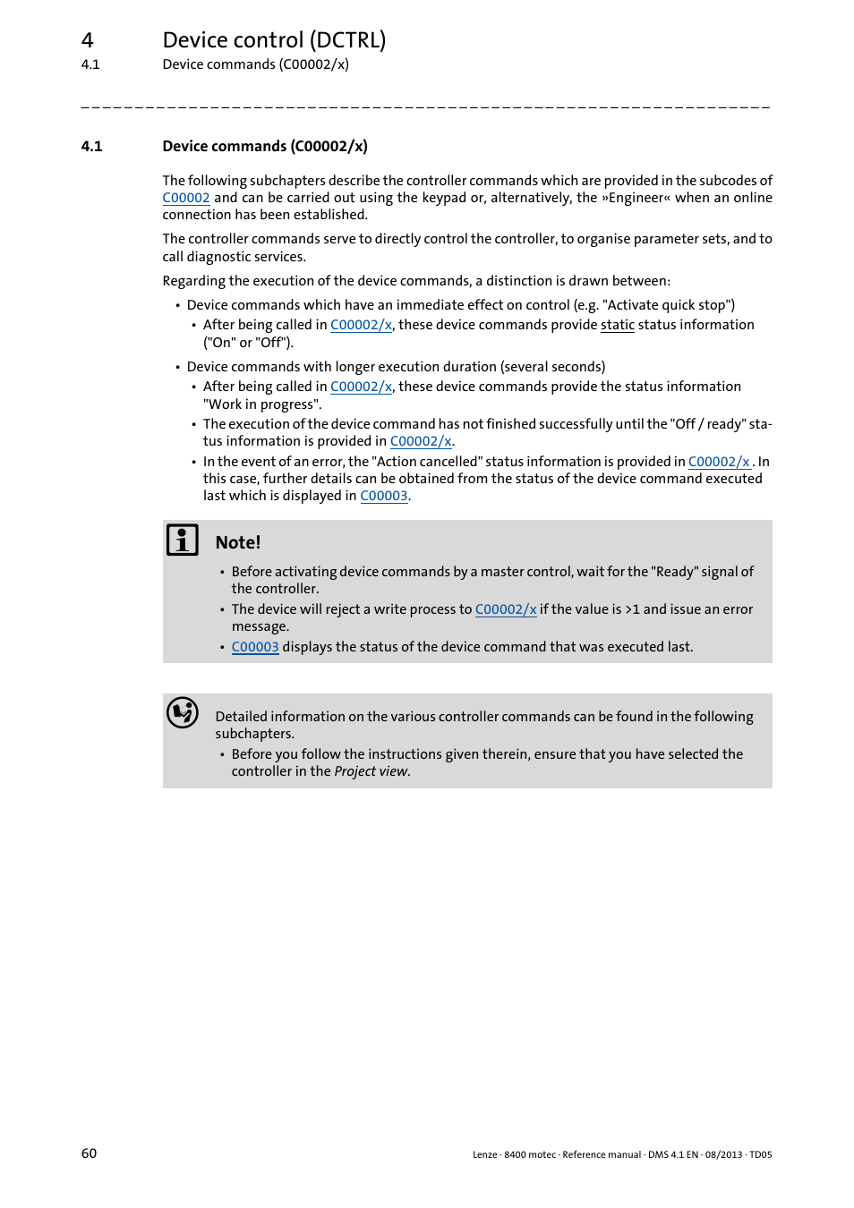 1 device commands (c00002/x), Device commands (c00002/x), 4device control (dctrl) | Lenze 8400 motec User Manual | Page 60 / 518