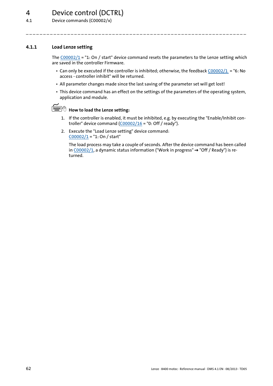 1 load lenze setting, Load lenze setting, 4device control (dctrl) | Lenze 8400 motec User Manual | Page 62 / 518