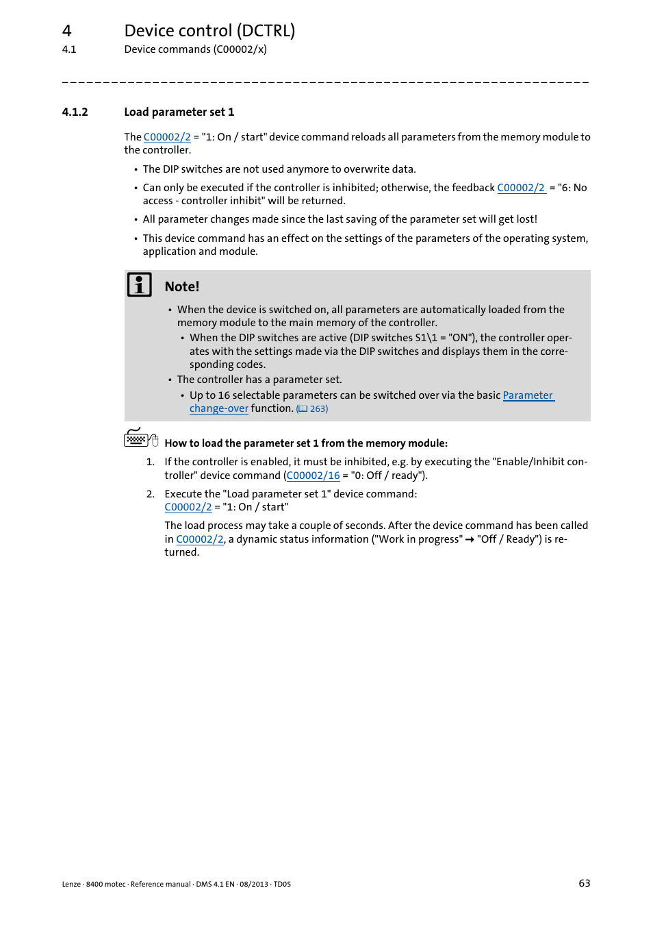 2 load parameter set 1, Load parameter set 1, 4device control (dctrl) | Lenze 8400 motec User Manual | Page 63 / 518