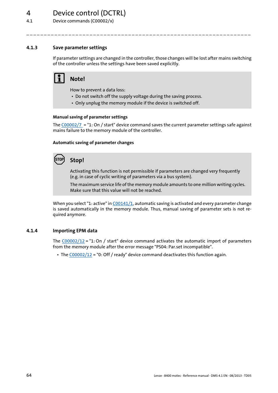 3 save parameter settings, 4 importing epm data, Save parameter settings | Importing epm data, Automatic saving of parameter changes, Manual saving of parameter settings, 4device control (dctrl) | Lenze 8400 motec User Manual | Page 64 / 518