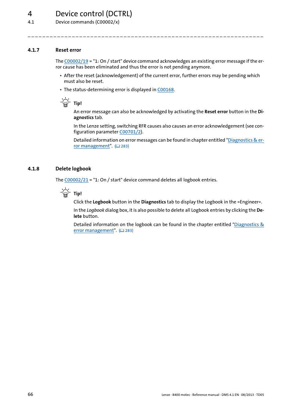 7 reset error, 8 delete logbook, Reset error | Delete logbook, 4device control (dctrl) | Lenze 8400 motec User Manual | Page 66 / 518
