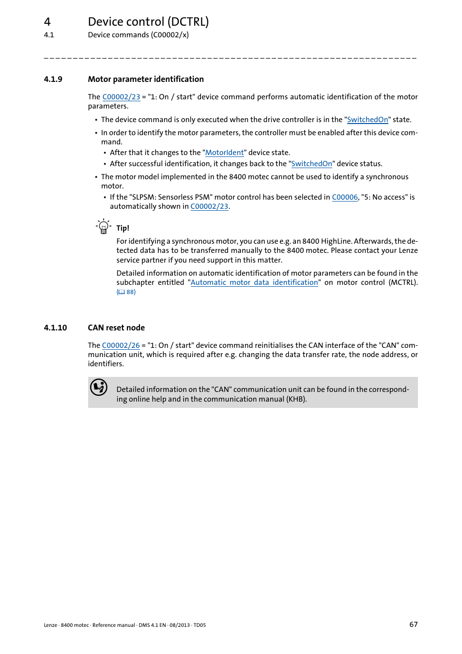 9 motor parameter identification, 10 can reset node, Motor parameter identification | Can reset node, 4device control (dctrl) | Lenze 8400 motec User Manual | Page 67 / 518