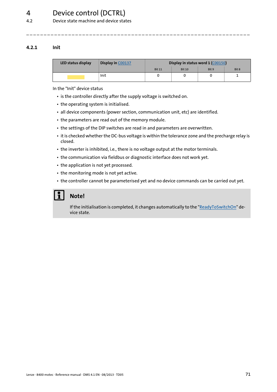 1 init, Init, 4device control (dctrl) | Lenze 8400 motec User Manual | Page 71 / 518