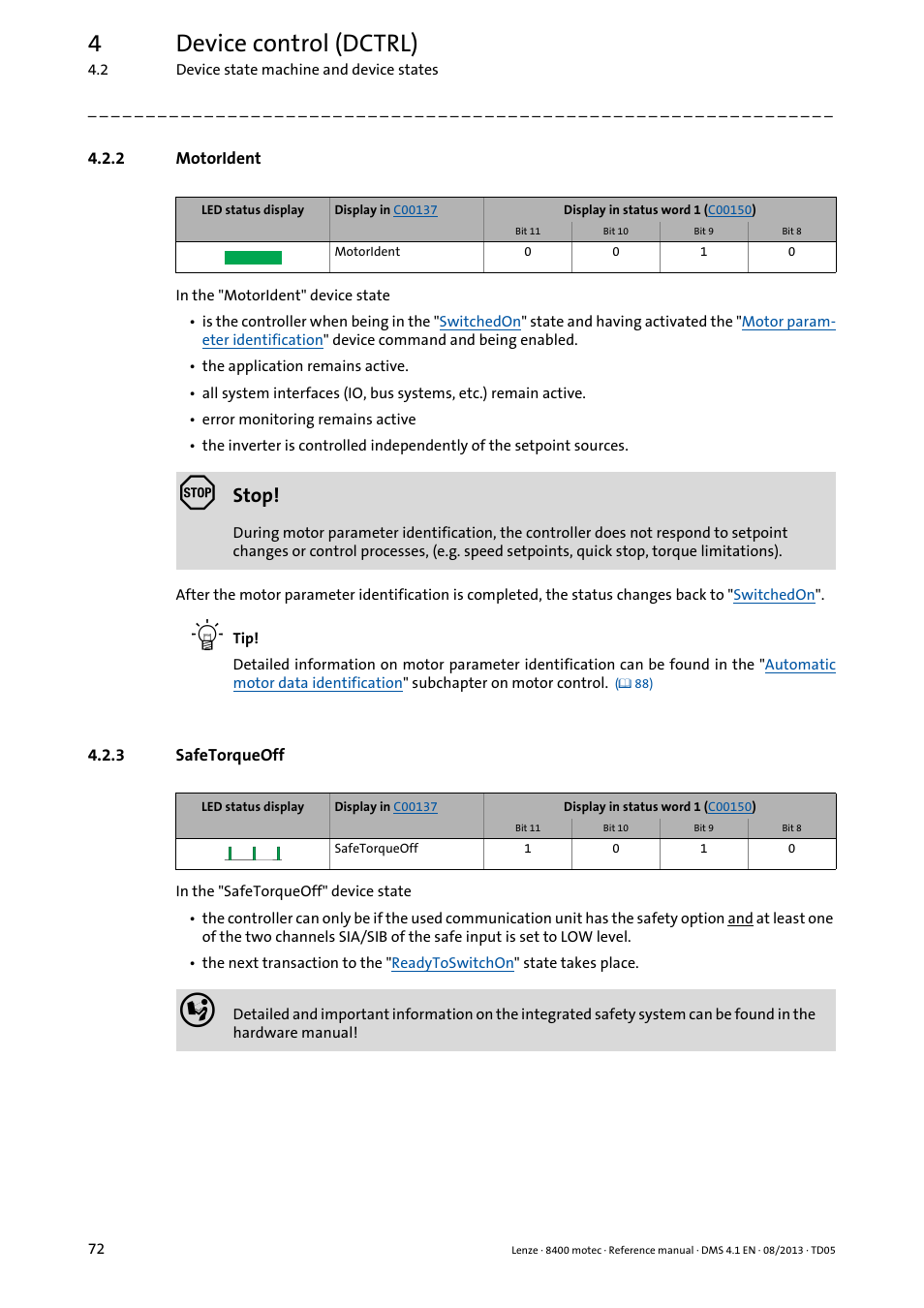2 motorident, 3 safetorqueoff, Motorident | Safetorqueoff, 4device control (dctrl) | Lenze 8400 motec User Manual | Page 72 / 518