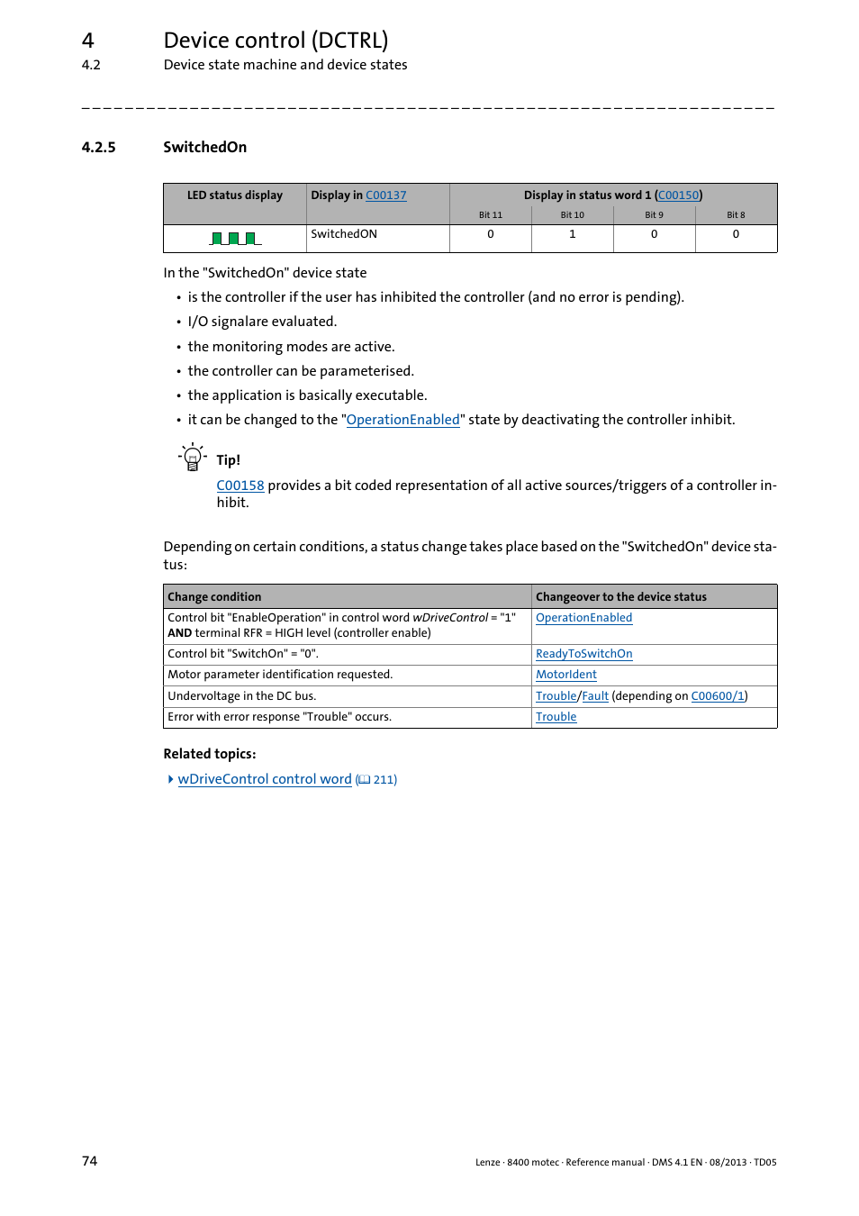 5 switchedon, Switchedon, Status | State, To the, 4device control (dctrl) | Lenze 8400 motec User Manual | Page 74 / 518