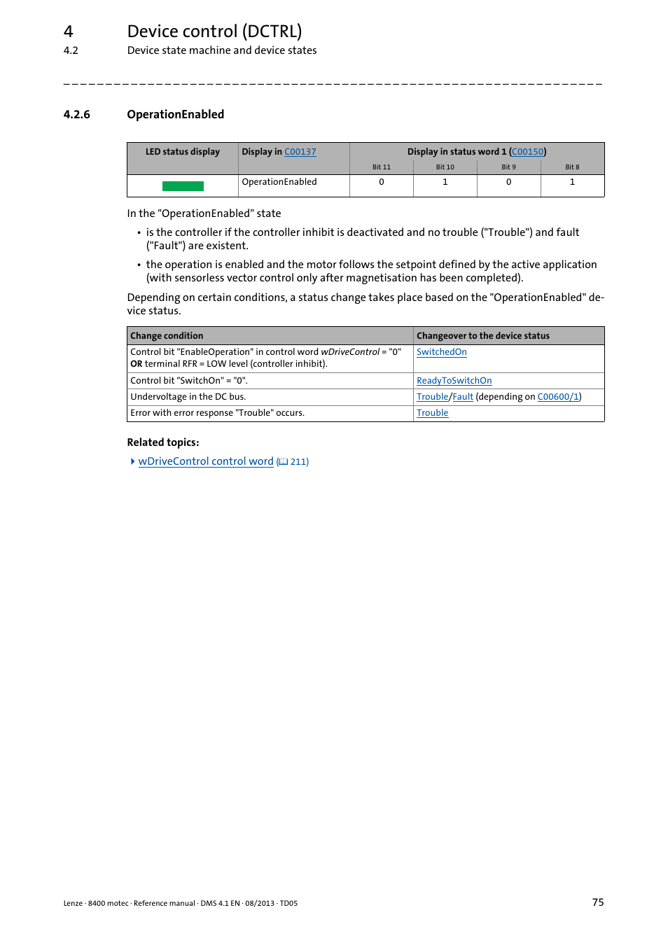6 operationenabled, Operationenabled, Changed to the | 4device control (dctrl) | Lenze 8400 motec User Manual | Page 75 / 518