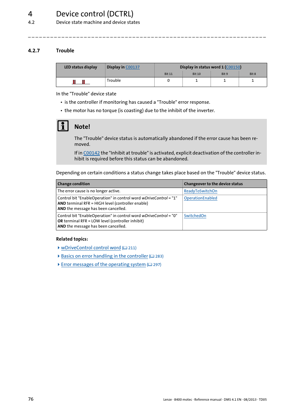 7 trouble, Trouble, Elling | 4device control (dctrl) | Lenze 8400 motec User Manual | Page 76 / 518