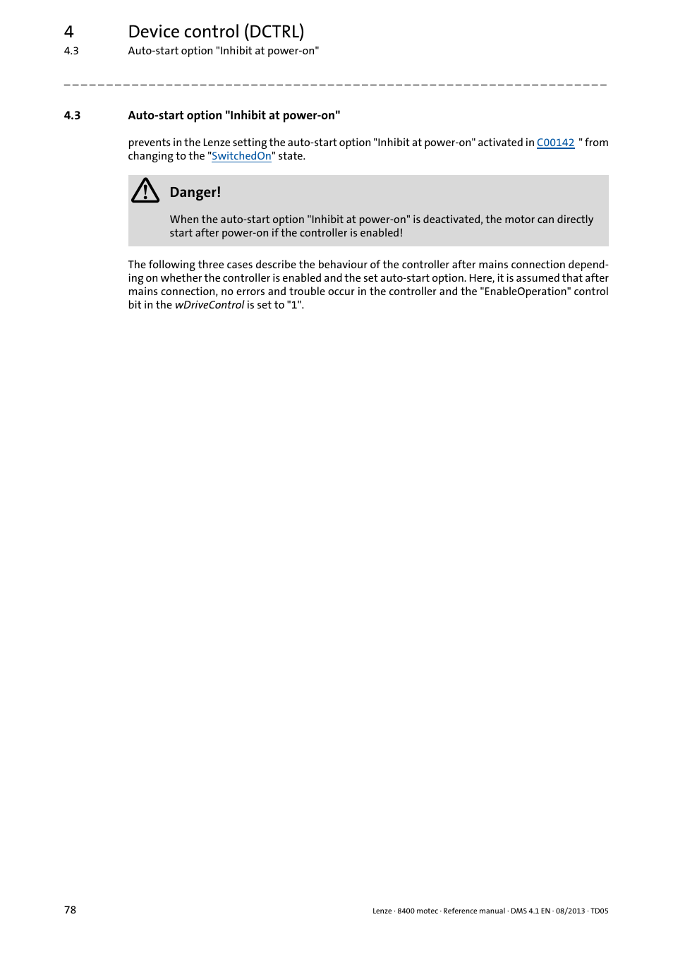 3 auto-start option "inhibit at power-on, Auto-start option "inhibit at power-on, 4device control (dctrl) | Lenze 8400 motec User Manual | Page 78 / 518