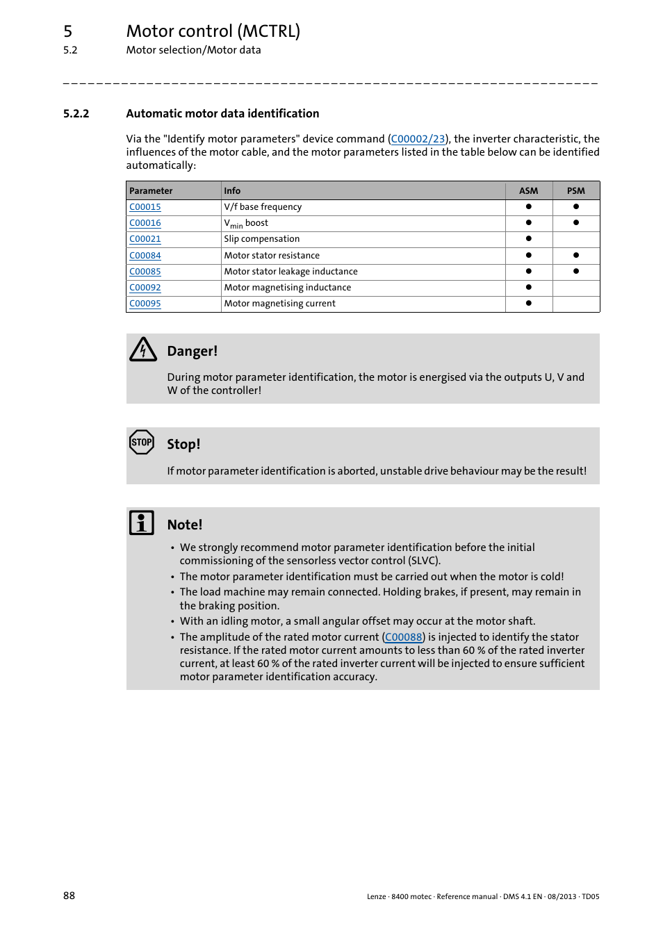 2 automatic motor data identification, Automatic motor data identification, Pter entitled | On motor control (mctrl), Automatic, Motor data identification, Automatic motor, Data identification, 5motor control (mctrl) | Lenze 8400 motec User Manual | Page 88 / 518