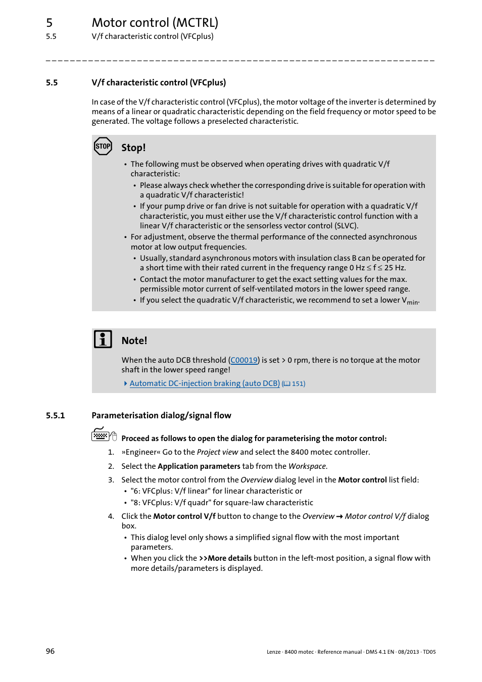 5 v/f characteristic control (vfcplus), 1 parameterisation dialog/signal flow, V/f characteristic control (vfcplus) | Parameterisation dialog/signal flow, Characteristic control (vfcplus), 5motor control (mctrl) | Lenze 8400 motec User Manual | Page 96 / 518