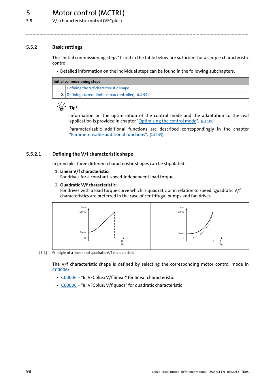 2 basic settings, 1 defining the v/f characteristic shape, Basic settings | Defining the v/f characteristic shape, 5motor control (mctrl) | Lenze 8400 motec User Manual | Page 98 / 518