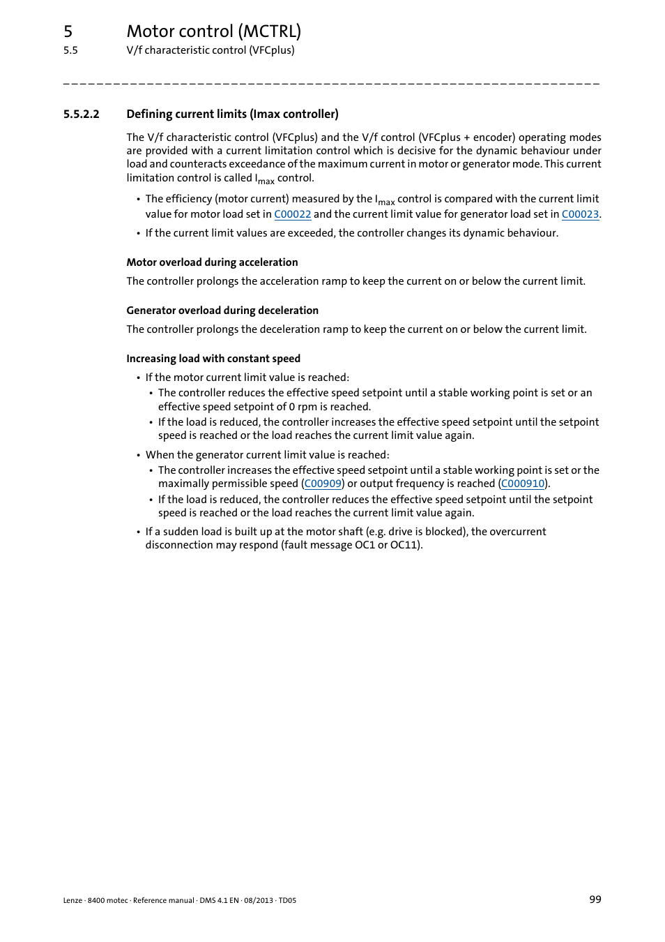 2 defining current limits (imax controller), Defining current limits (imax controller), 5motor control (mctrl) | Lenze 8400 motec User Manual | Page 99 / 518