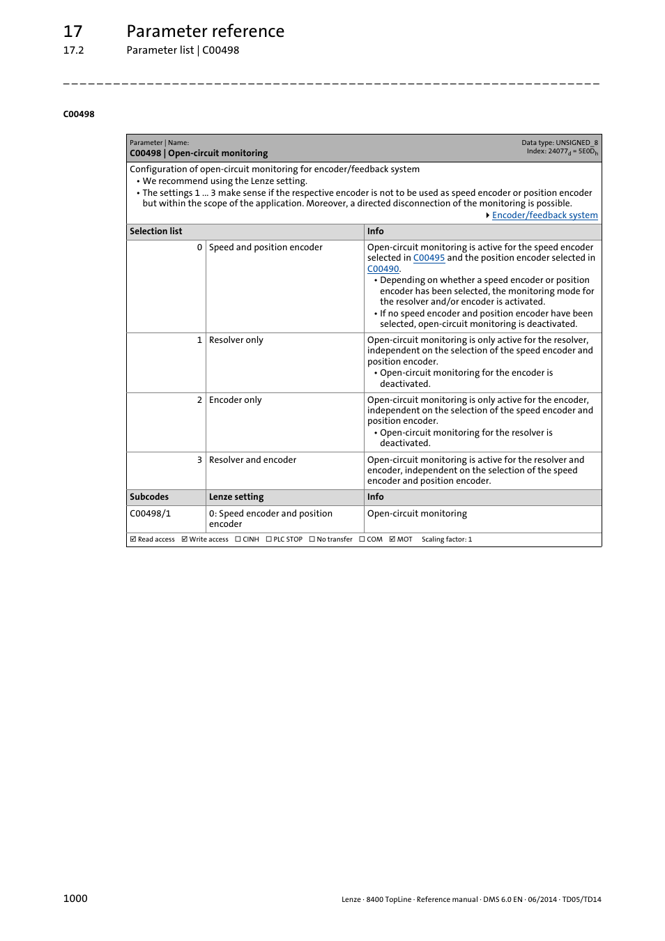 C00498 | open-circuit monitoring, C00498, 17 parameter reference | Lenze 8400 TopLine User Manual | Page 1000 / 1760