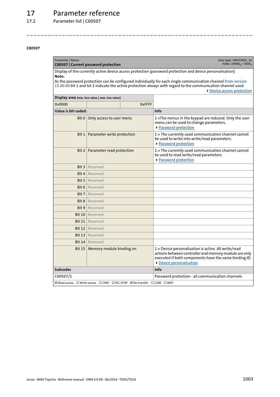 C00507 | current password protection, C00507/1, 17 parameter reference | Lenze 8400 TopLine User Manual | Page 1003 / 1760