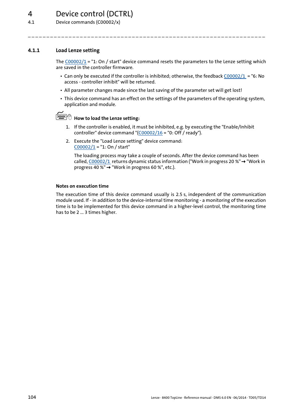 1 load lenze setting, Load lenze setting, 4device control (dctrl) | Lenze 8400 TopLine User Manual | Page 104 / 1760