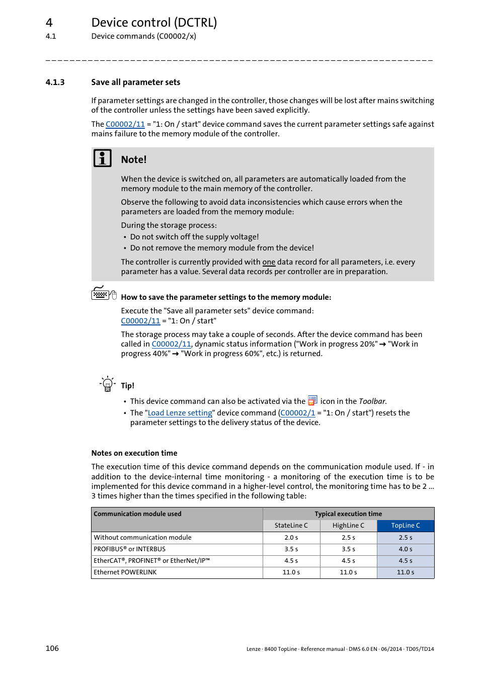 3 save all parameter sets, Save all parameter sets, 4device control (dctrl) | Lenze 8400 TopLine User Manual | Page 106 / 1760