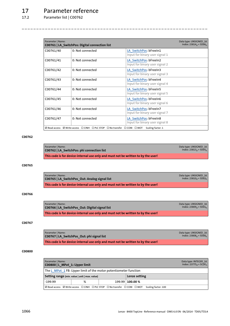 C00800 | l_mpot_1: upper limit, Lue set in, C00800 | 17 parameter reference | Lenze 8400 TopLine User Manual | Page 1066 / 1760