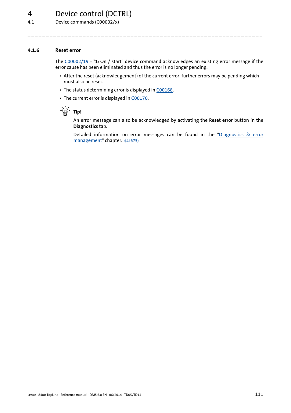 6 reset error, Reset error, 4device control (dctrl) | Lenze 8400 TopLine User Manual | Page 111 / 1760