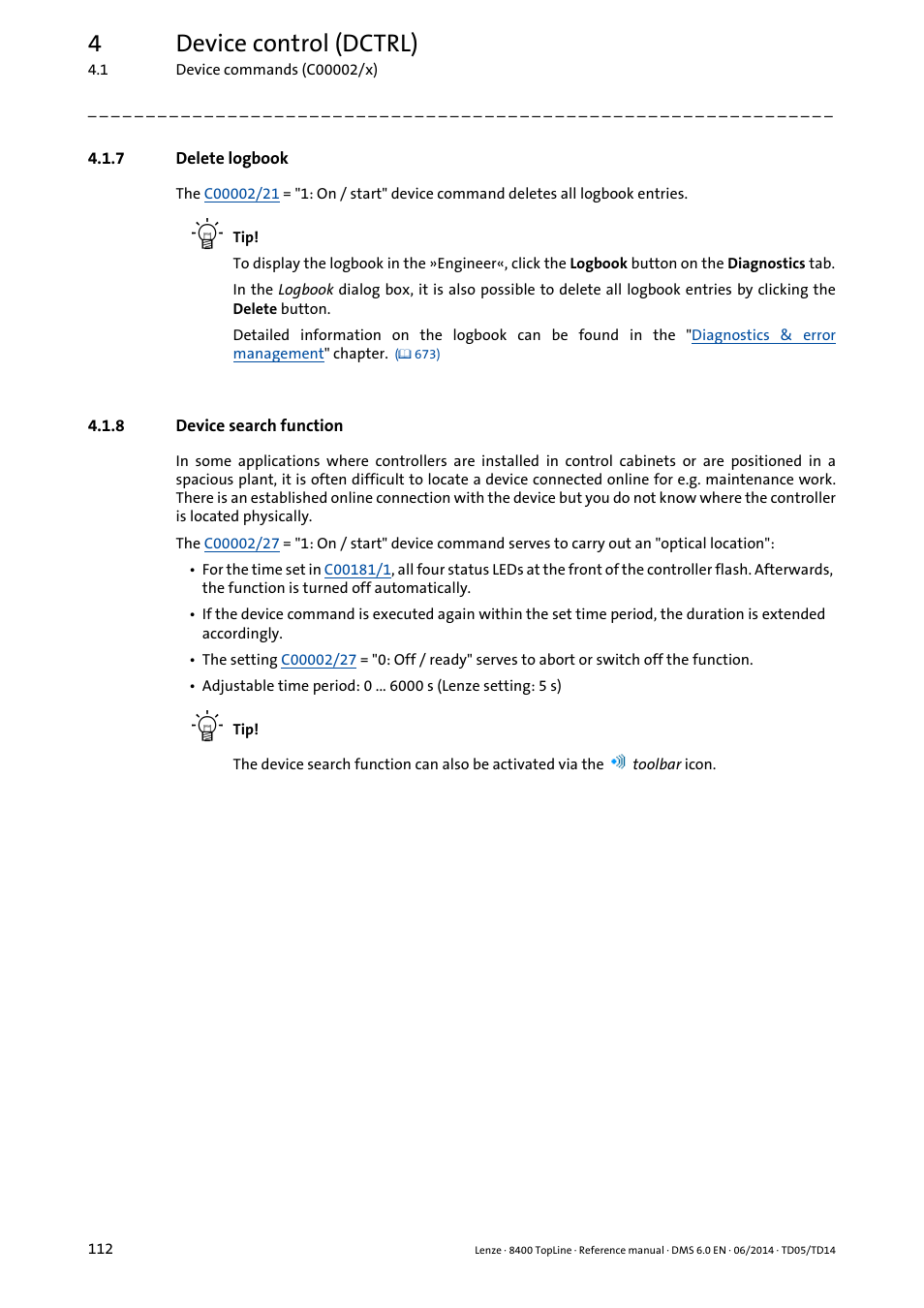 7 delete logbook, 8 device search function, Delete logbook | Device search function, 4device control (dctrl) | Lenze 8400 TopLine User Manual | Page 112 / 1760