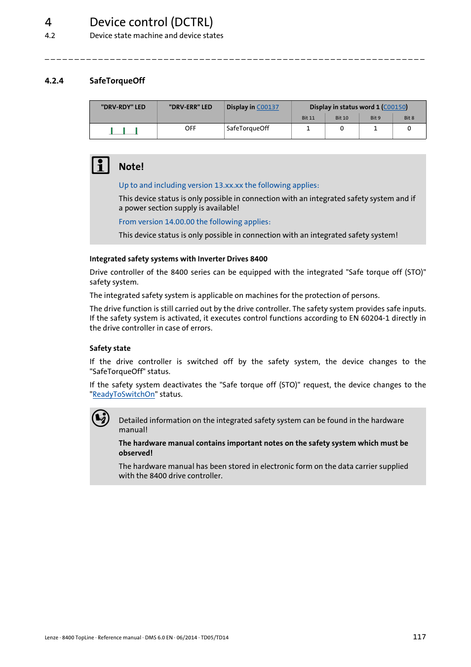 4 safetorqueoff, Safetorqueoff, 4device control (dctrl) | Lenze 8400 TopLine User Manual | Page 117 / 1760