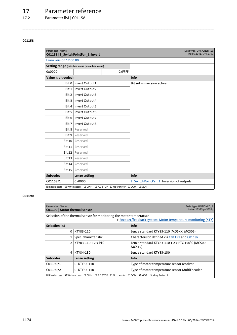 C01158 | l_switchpointpar_1: invert, C01190 | motor thermal sensor, Lected in | C01190/1, C01190/2, Characteristic" in, Resolver and in, Meters, C01190, 17 parameter reference | Lenze 8400 TopLine User Manual | Page 1174 / 1760