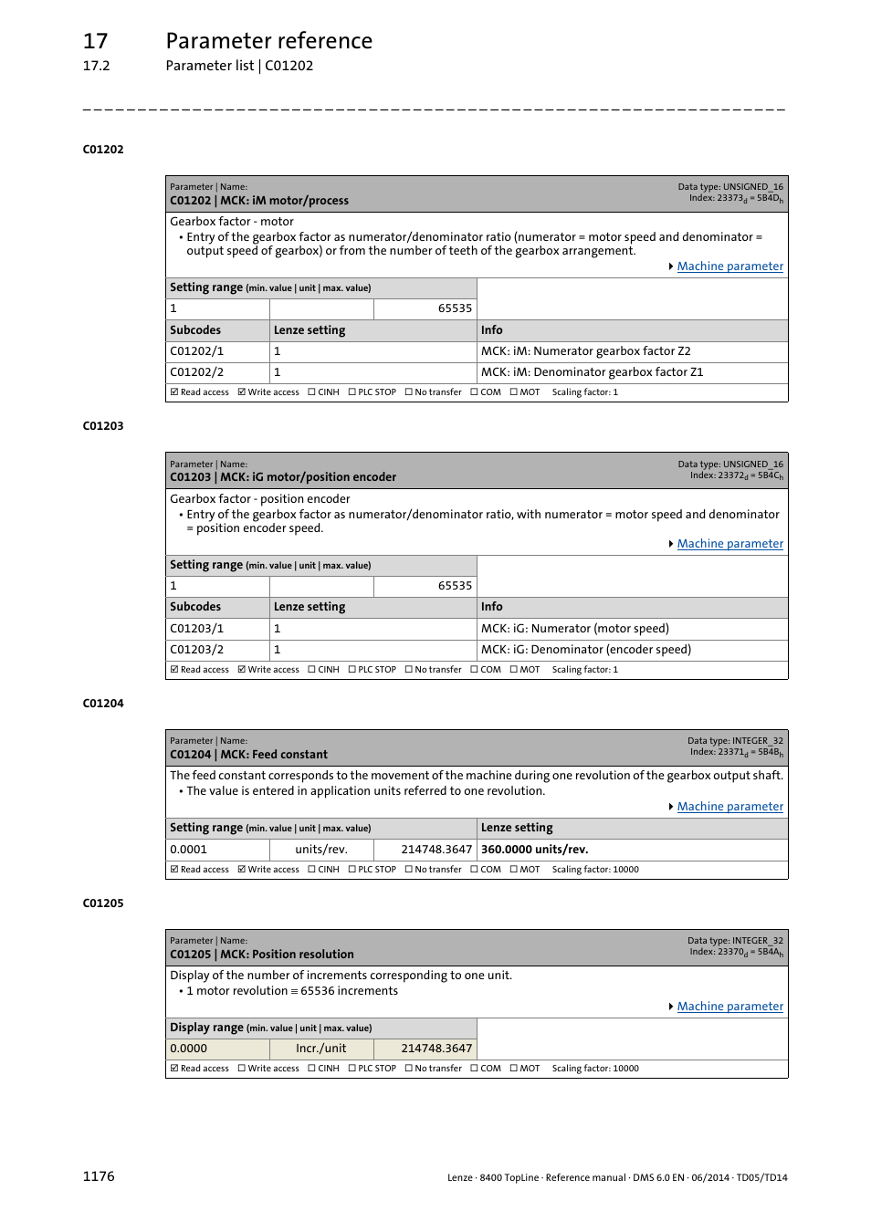 C01202 | mck: im motor/process, C01203 | mck: ig motor/position encoder, C01204 | mck: feed constant | C01205 | mck: position resolution, C01202/1, C01202/2, C01203/1, C01203/2, C01204, C1202/1 | Lenze 8400 TopLine User Manual | Page 1176 / 1760