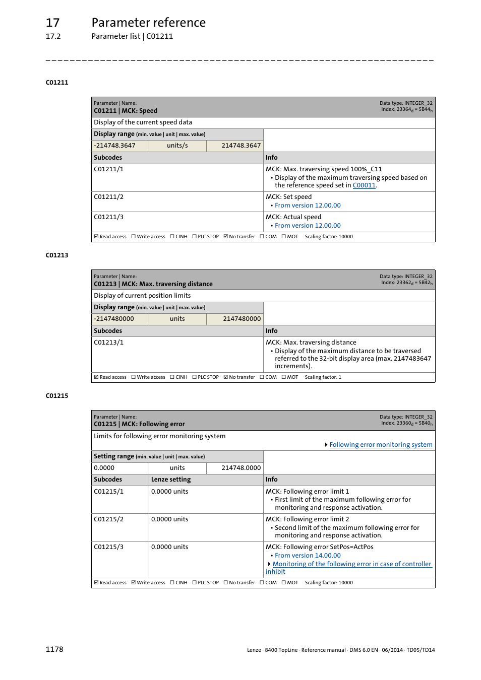 C01211 | mck: speed, C01213 | mck: max. traversing distance, C01215 | mck: following error | Display in, C01211/1, C01244/2, C01215/2, C01213/1, C01215/1, Ror in | Lenze 8400 TopLine User Manual | Page 1178 / 1760