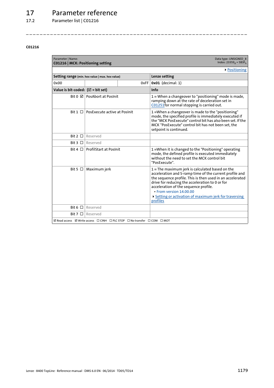 C01216 | mck: positioning setting, C01216, G in | 17 parameter reference | Lenze 8400 TopLine User Manual | Page 1179 / 1760