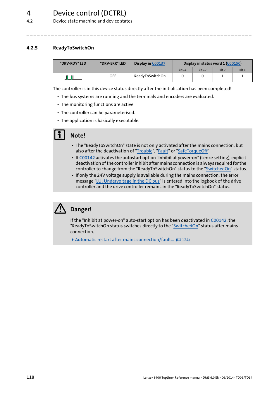 5 readytoswitchon, Readytoswitchon, 4device control (dctrl) | Danger | Lenze 8400 TopLine User Manual | Page 118 / 1760