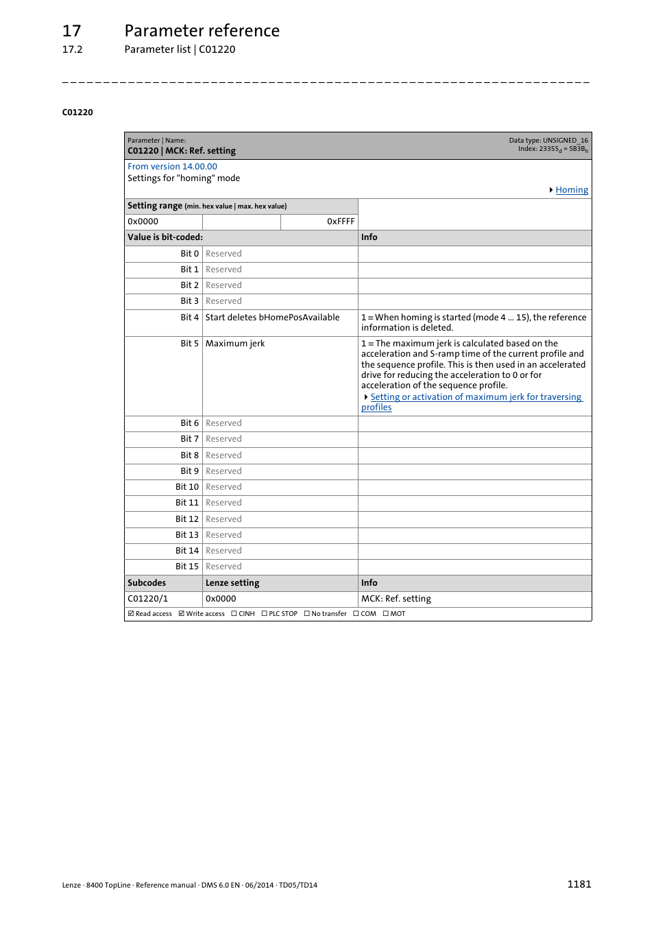 C01220 | mck: ref. setting, C01220/1, 17 parameter reference | Lenze 8400 TopLine User Manual | Page 1181 / 1760