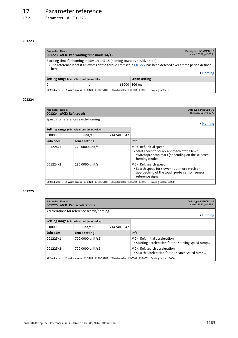 C01223 | mck: ref. waiting time mode 14/15, C01224 | mck: ref. speeds, C01225 | mck: ref. accelerations | C01224/1, C01225/1, C01224/2, C01225/2, C01223, Homing to positive stop"), 17 parameter reference | Lenze 8400 TopLine User Manual | Page 1183 / 1760