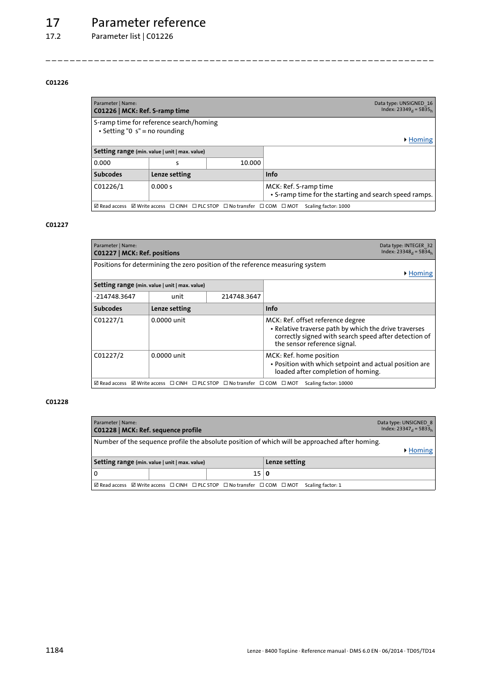 C01226 | mck: ref. s-ramp time, C01227 | mck: ref. positions, C01228 | mck: ref. sequence profile | C01227/2, C01227/1, To preve, C01226/1, C01228, Et in, 17 parameter reference | Lenze 8400 TopLine User Manual | Page 1184 / 1760