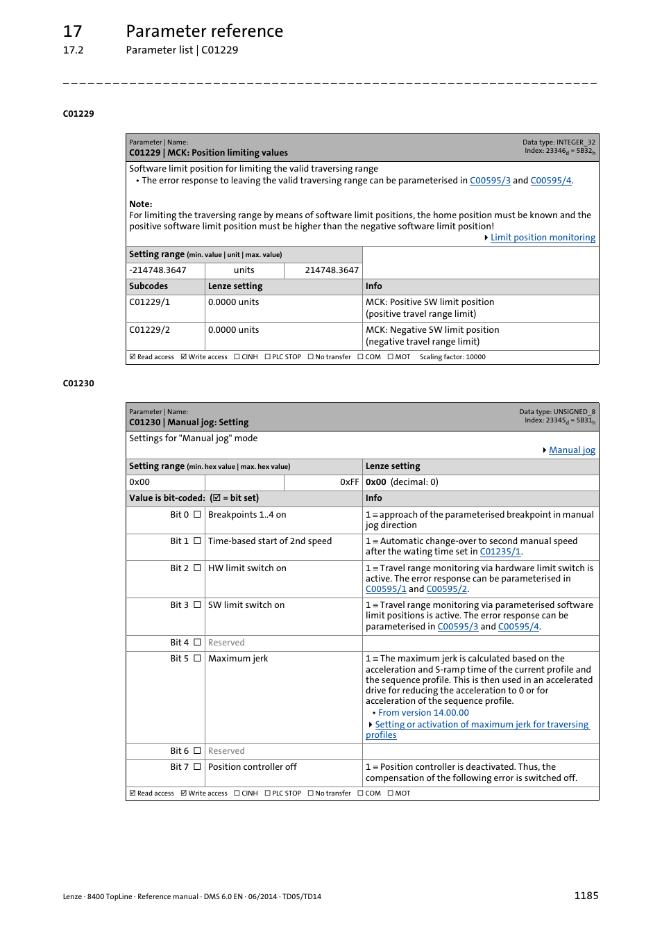 C01229 | mck: position limiting values, C01230 | manual jog: setting, C01229/1 | C01229/2, C01230, 17 parameter reference | Lenze 8400 TopLine User Manual | Page 1185 / 1760