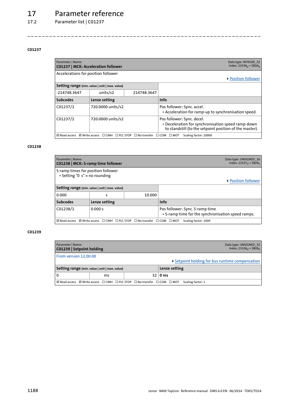C01237 | mck: acceleration follower, C01238 | mck: s-ramp time follower, C01239 | setpoint holding | C01239, Etting rule, C01237/1, C01237/2, C01238/1, 17 parameter reference | Lenze 8400 TopLine User Manual | Page 1188 / 1760