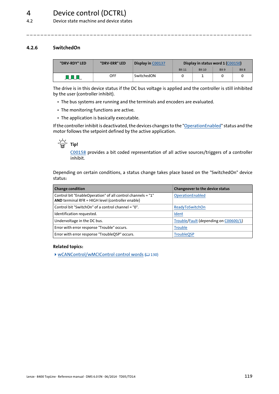 6 switchedon, Switchedon, Stat | 4device control (dctrl) | Lenze 8400 TopLine User Manual | Page 119 / 1760