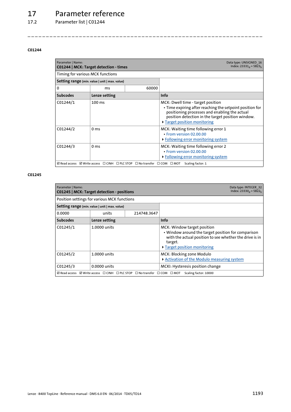 C01244 | mck: target detection - times, C01245 | mck: target detection - positions, C01215/1 | C01244/3, C01245/3, C01244/1, C01245/1, Time set in, C01244/2, C01244/x | Lenze 8400 TopLine User Manual | Page 1193 / 1760