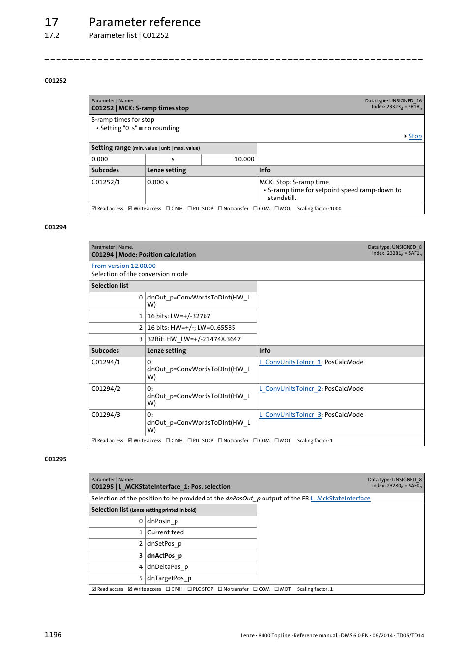 C01252 | mck: s-ramp times stop, C01294 | mode: position calculation, C01295 | l_mckstateinterface_1: pos. selection | Selected in, C01295, In [units, In [increm, C01252/1, 17 parameter reference | Lenze 8400 TopLine User Manual | Page 1196 / 1760