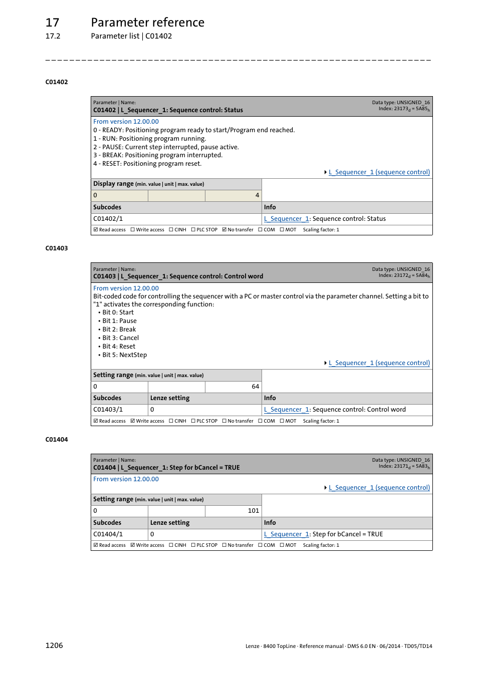 C01402 | l_sequencer_1: sequence control: status, C01404 | l_sequencer_1: step for bcancel = true, 17 parameter reference | Lenze 8400 TopLine User Manual | Page 1206 / 1760