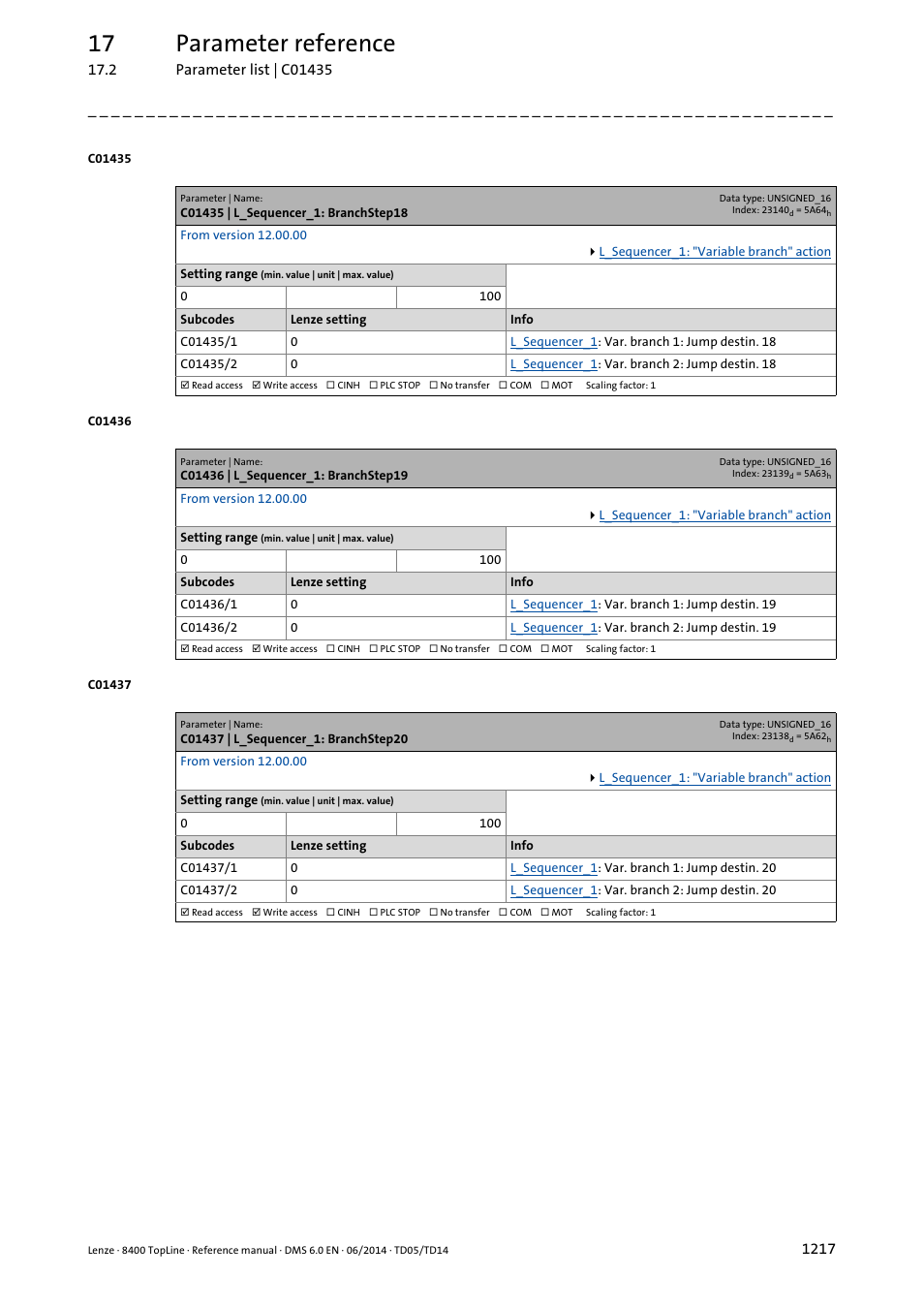 C01435 | l_sequencer_1: branchstep18, C01436 | l_sequencer_1: branchstep19, C01437 | l_sequencer_1: branchstep20 | 17 parameter reference | Lenze 8400 TopLine User Manual | Page 1217 / 1760