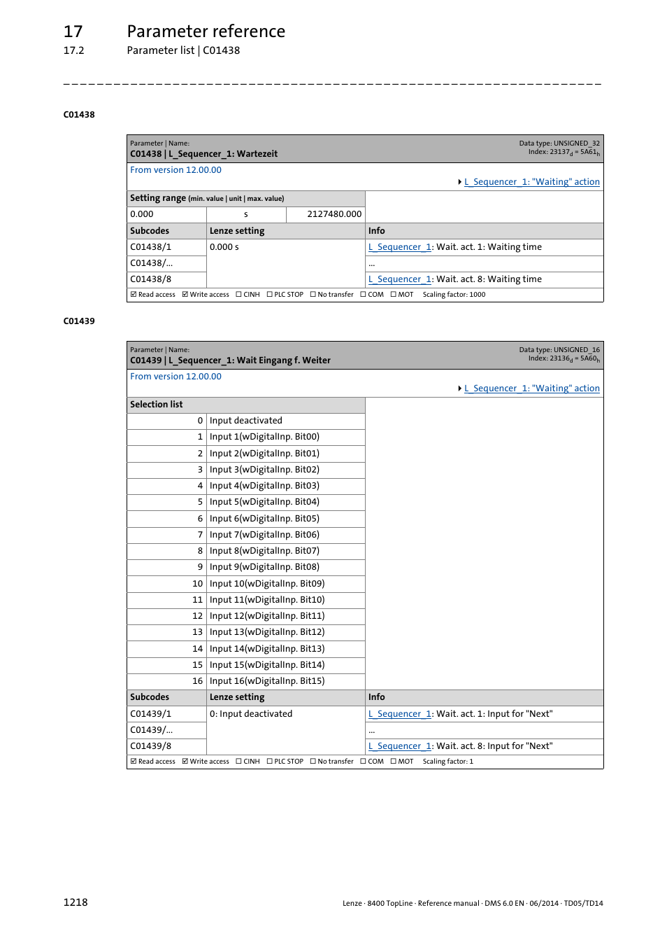 C01438 | l_sequencer_1: wartezeit, C01439 | l_sequencer_1: wait eingang f. weiter, 17 parameter reference | Lenze 8400 TopLine User Manual | Page 1218 / 1760