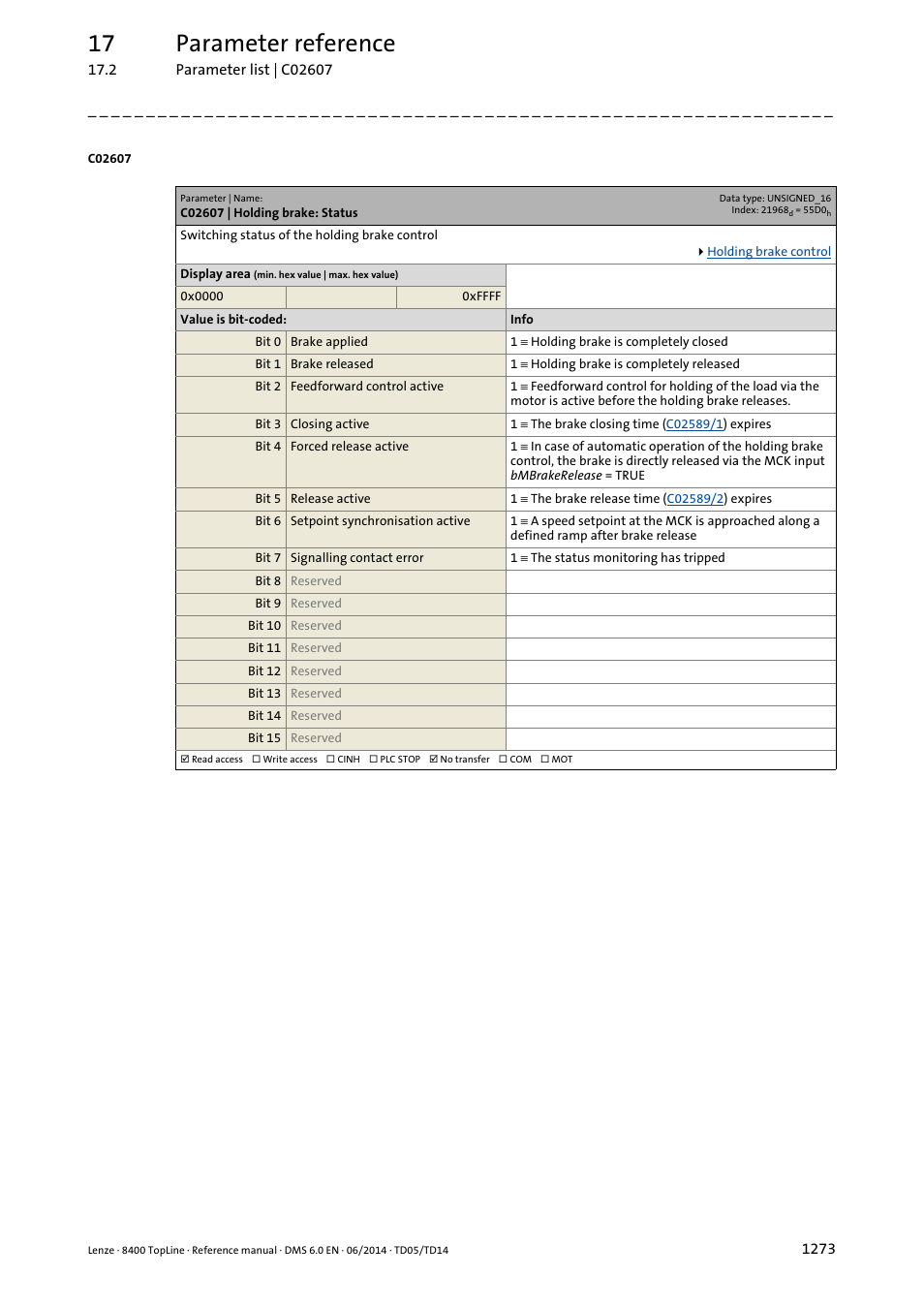 C02607 | holding brake: status, C02607, 17 parameter reference | Lenze 8400 TopLine User Manual | Page 1273 / 1760