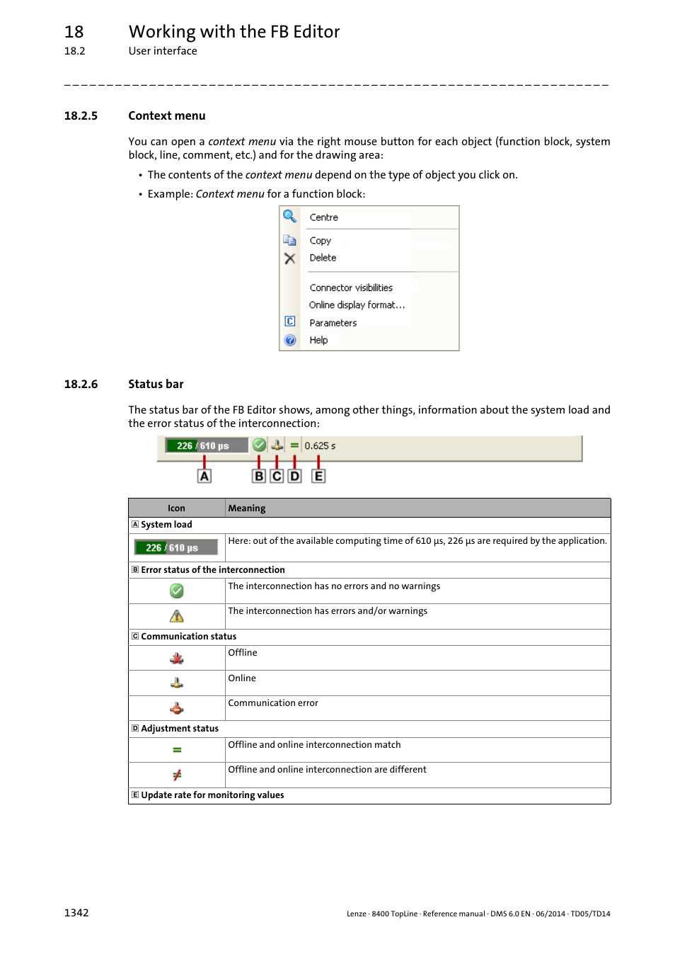 5 context menu, 6 status bar, Context menu 2 | Status bar 2, Context menu, Status bar, 18 working with the fb editor | Lenze 8400 TopLine User Manual | Page 1342 / 1760