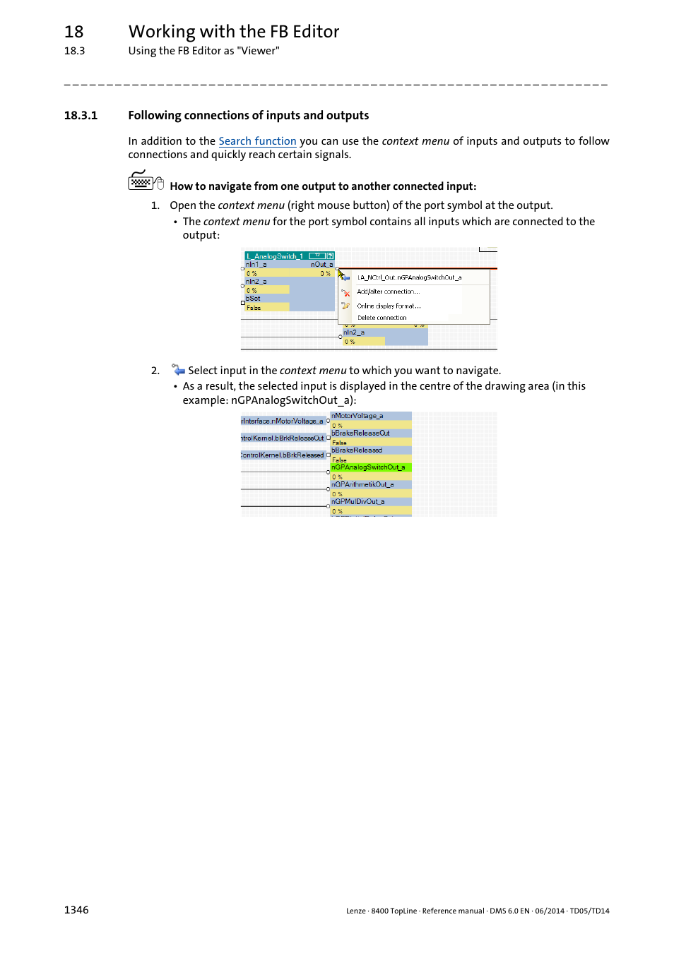 1 following connections of inputs and outputs, Following connections of inputs and outputs 6, 18 working with the fb editor | Lenze 8400 TopLine User Manual | Page 1346 / 1760