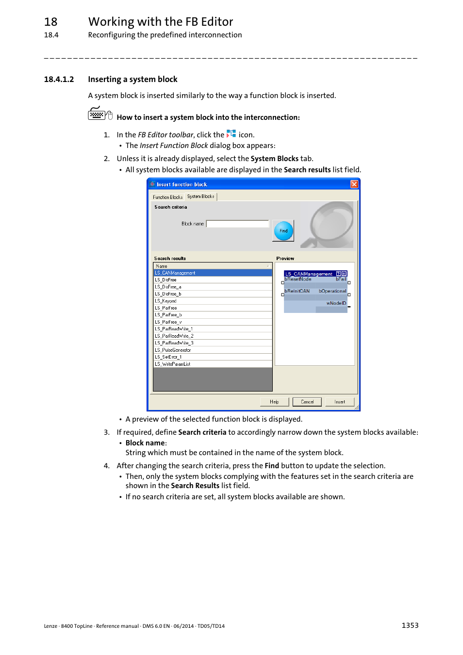 2 inserting a system block, Inserting a system block 3, Inserting a system block ( 1353) | 18 working with the fb editor | Lenze 8400 TopLine User Manual | Page 1353 / 1760