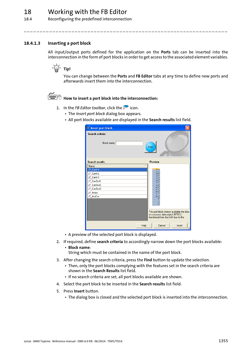 3 inserting a port block, Inserting a port block 5, Inserting a port block ( 1355) | 18 working with the fb editor | Lenze 8400 TopLine User Manual | Page 1355 / 1760