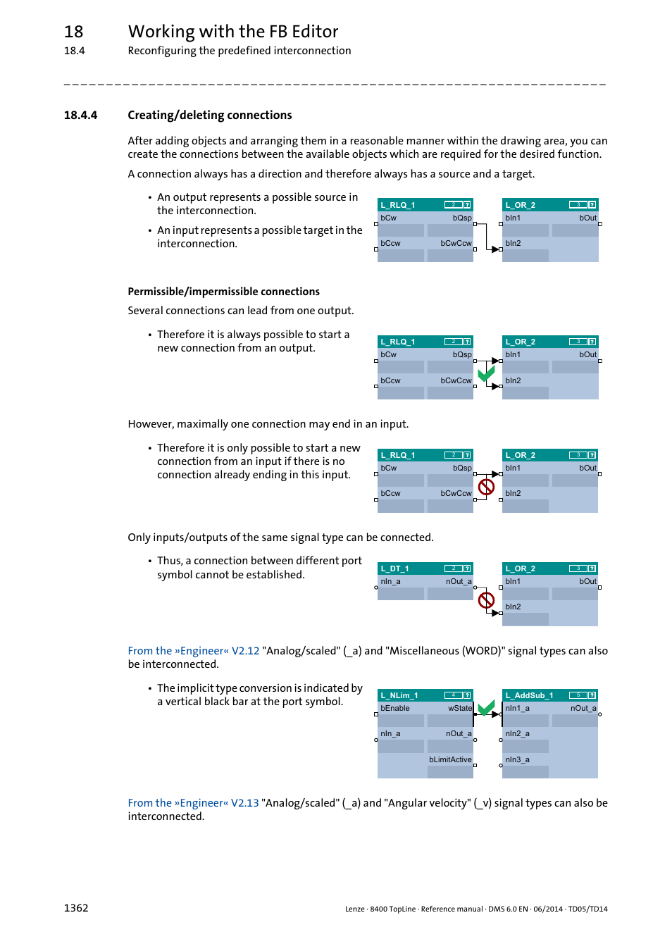 4 creating/deleting connections, Creating/deleting connections 2, Creating/deleting connections | 18 working with the fb editor | Lenze 8400 TopLine User Manual | Page 1362 / 1760