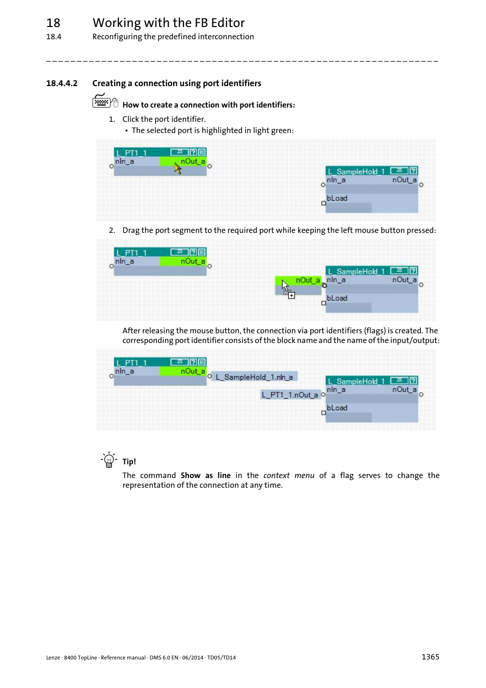 2 creating a connection using port identifiers, Creating a connection using port identifiers 5, 18 working with the fb editor | Lenze 8400 TopLine User Manual | Page 1365 / 1760